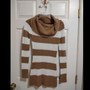 Chesley Y2K Beige/White Stripes Tunic Cowl Neck Knit Sweater Size Small